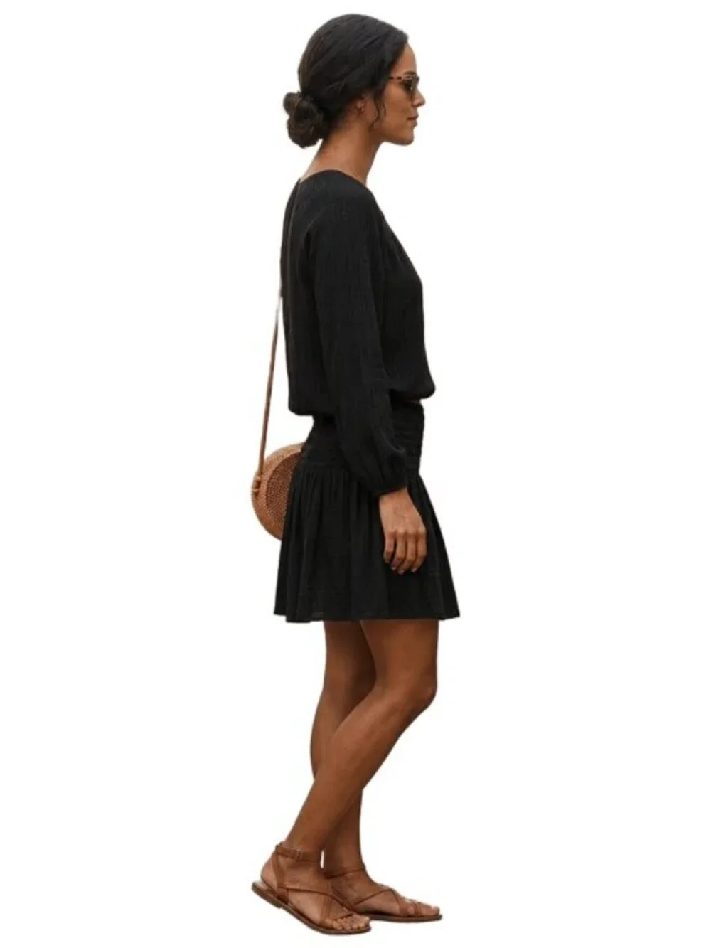 Free People Moonlight Drive Smocked Mini Dress Gauze Boho Long Sleeves Black XS